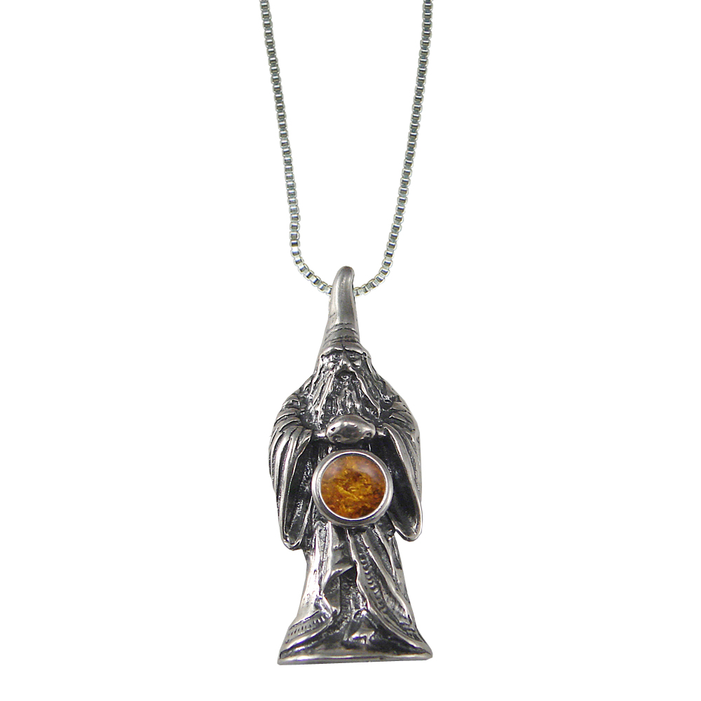 Sterling Silver Wizard of Olde Pendant With Amber Magic Orb